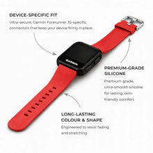 Red silicone strap for Garmin Forerunner 35 showing device-specific fit and premium-grade material