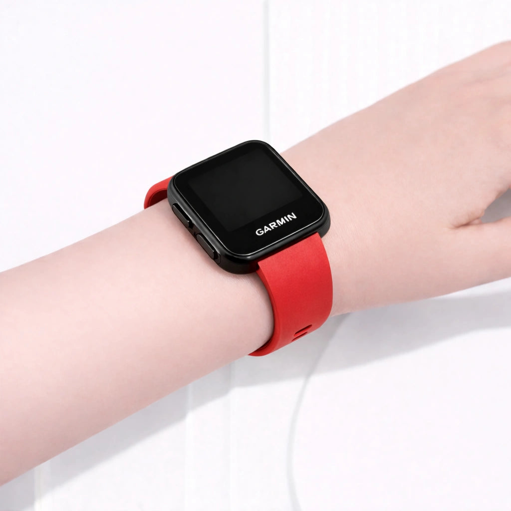 Garmin Forerunner 35 watch band in red worn on the wrist for everyday comfort