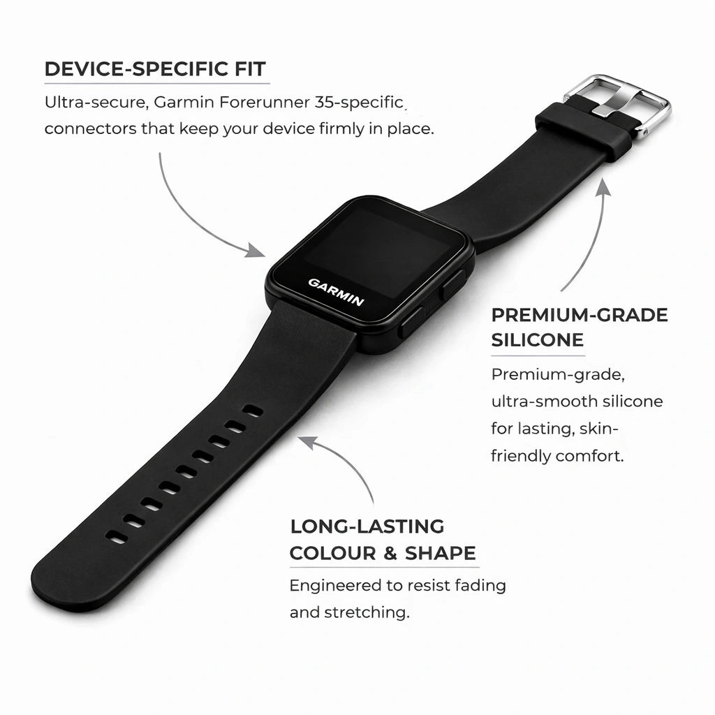 Black silicone strap for Garmin Forerunner 35 showing device-specific fit and premium material callouts
