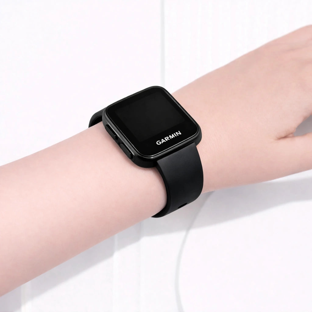 Garmin Forerunner 35 black watch band worn on the wrist with secure, comfortable fit