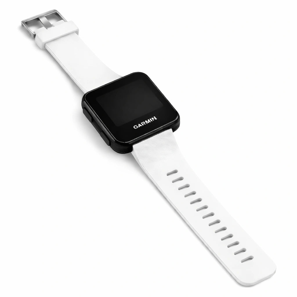 White wristband for Garmin Forerunner 35 shown in a flat lay view