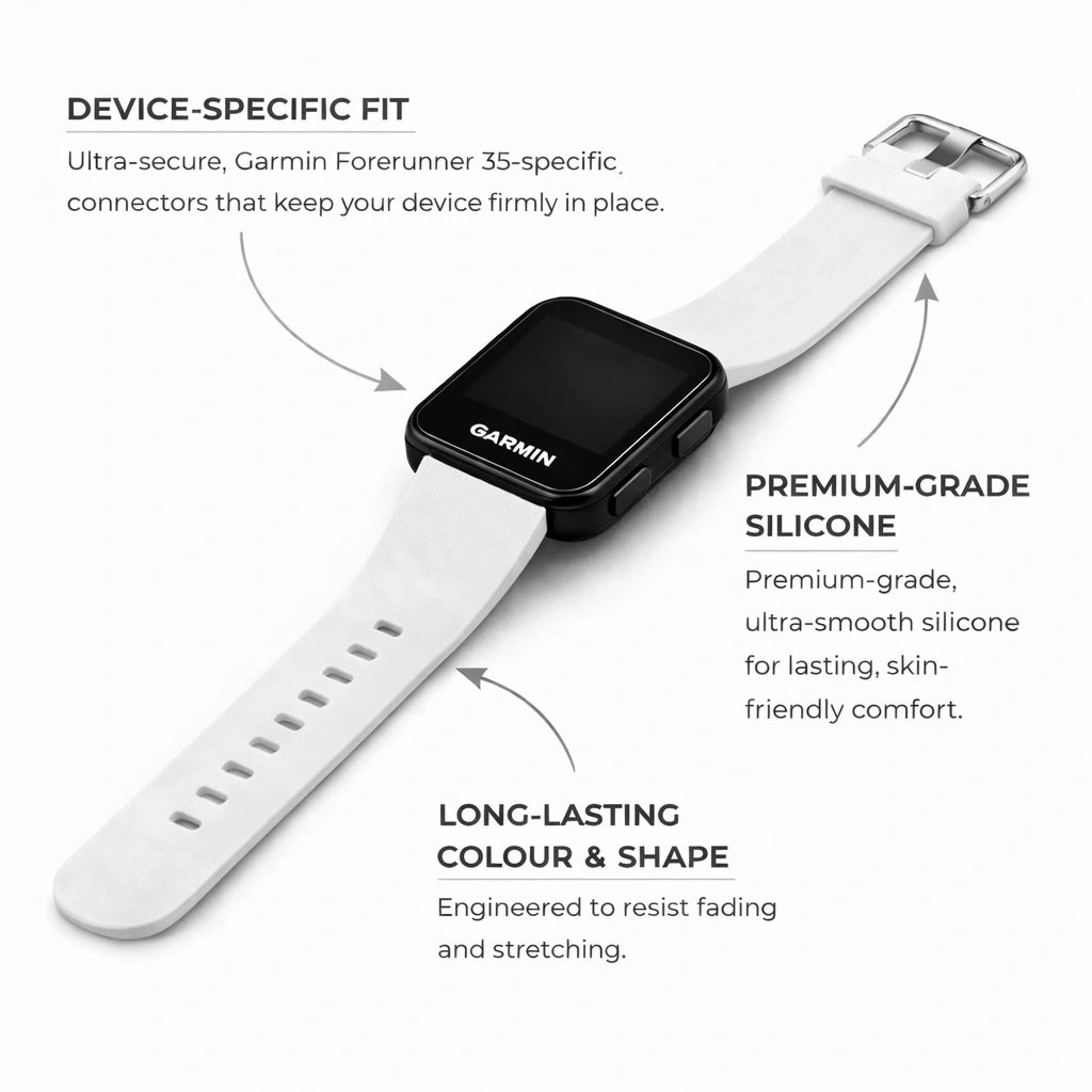 White silicone strap for Garmin Forerunner 35 showing device-specific fit and premium material
