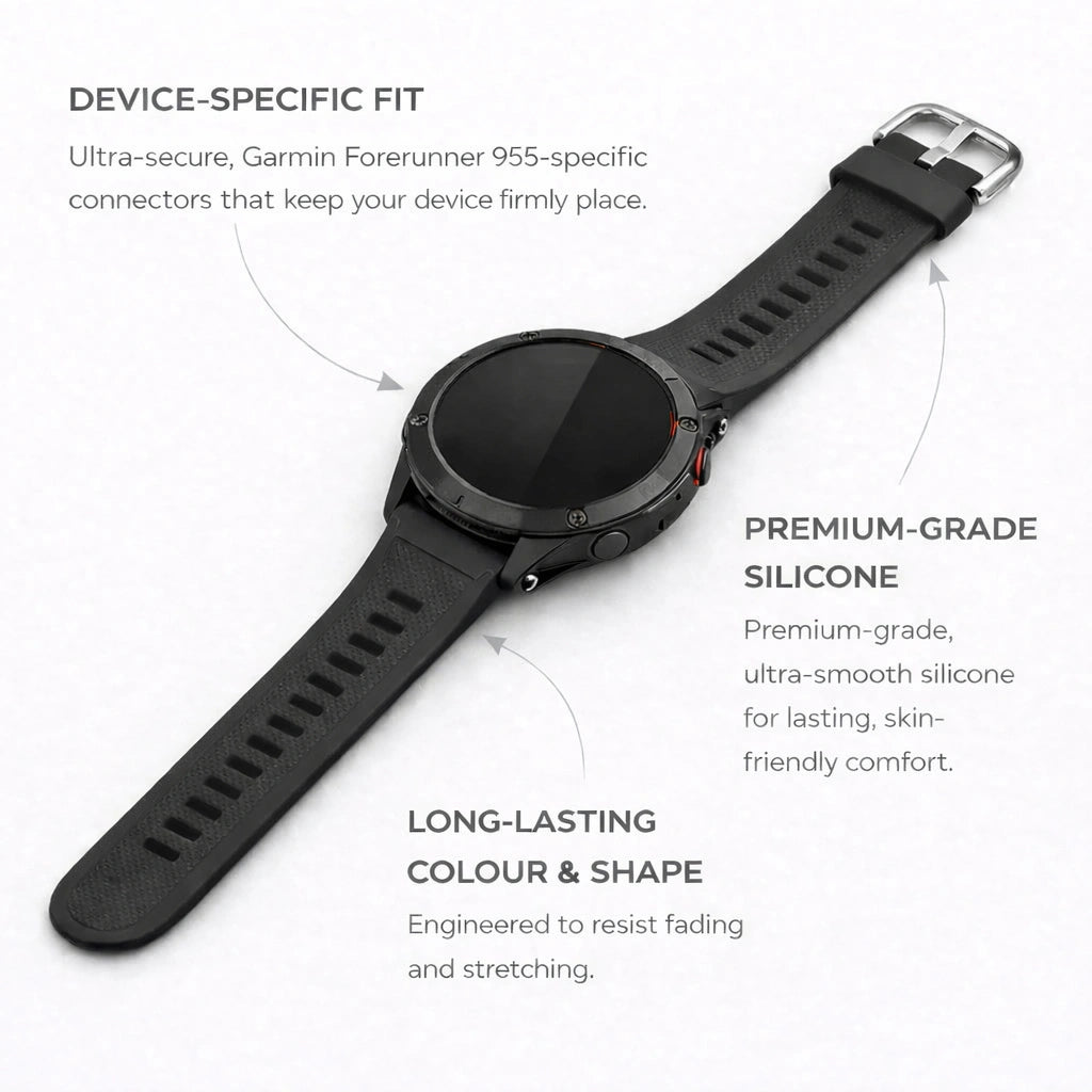 Garmin Forerunner 955 straps in black with premium silicone and secure device-specific fit