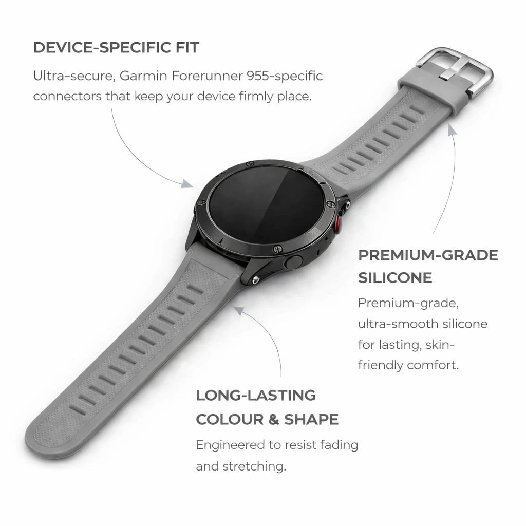 Garmin Forerunner 955 straps in grey with premium silicone and secure device-specific fit