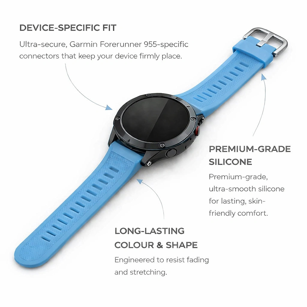 Garmin Forerunner 955 straps in light blue with premium silicone and secure device-specific fit