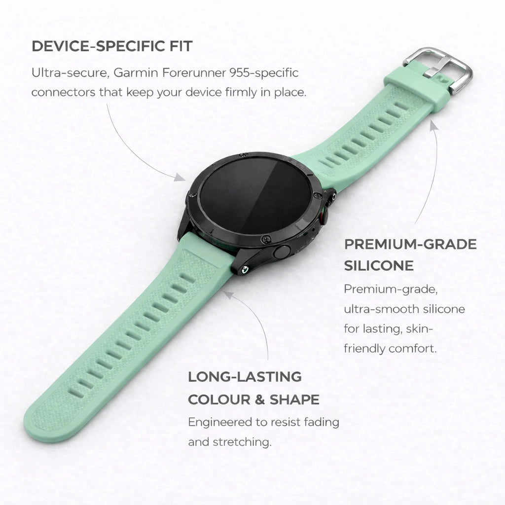Garmin Forerunner 955 straps in mint with premium silicone and secure device-specific fit