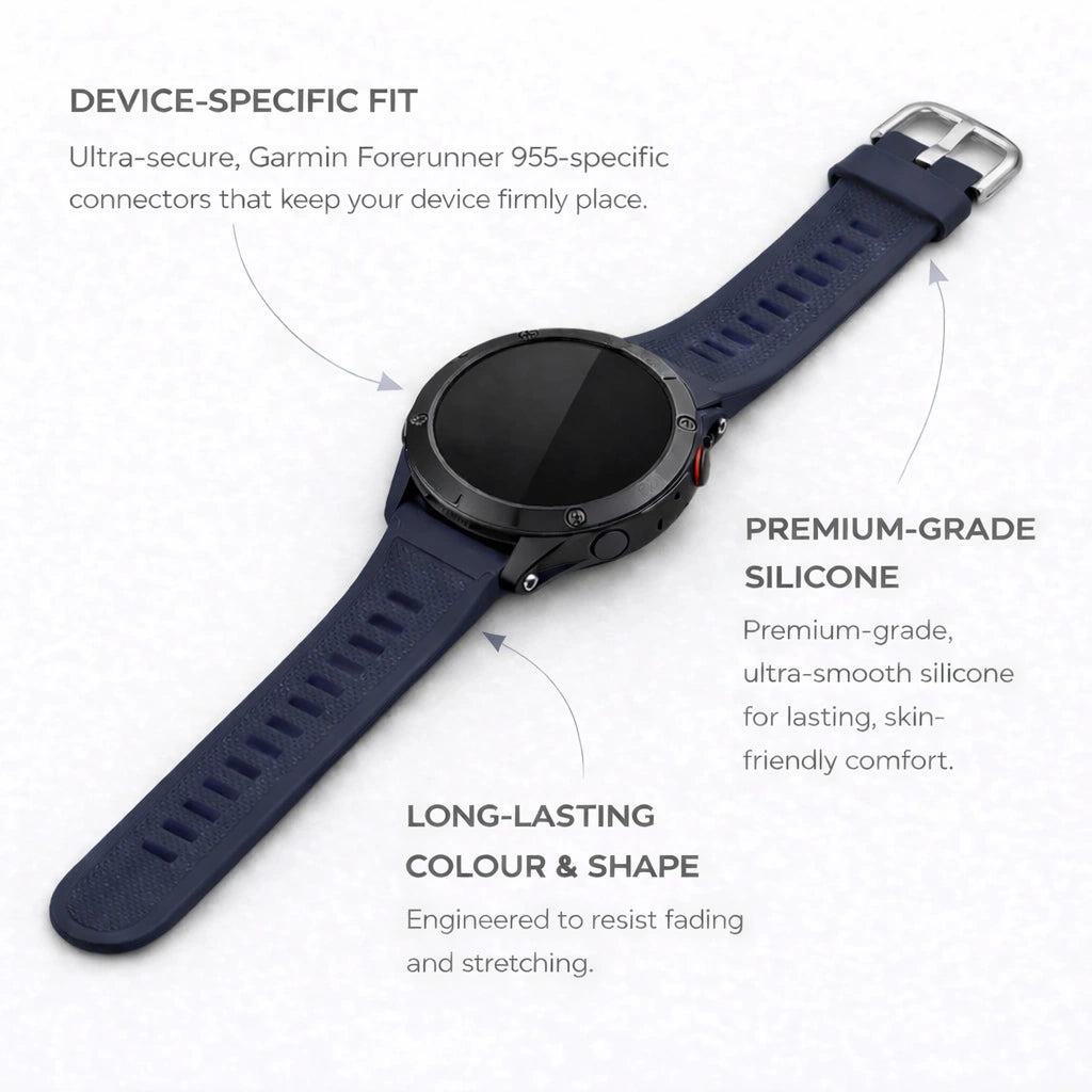 Garmin Forerunner 955 straps in navy blue with premium silicone and secure device-specific fit