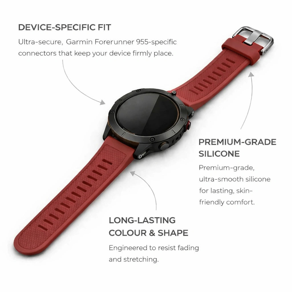 Garmin Forerunner 955 straps in red with premium silicone and secure device-specific fit