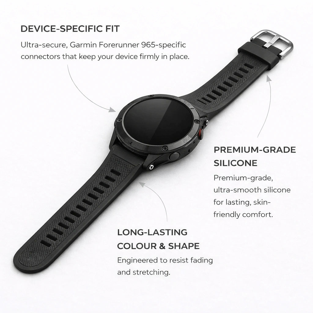 Premium black band for Garmin Forerunner 965 showing secure fit and durable silicone design