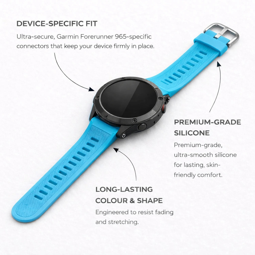 Light blue Garmin Forerunner 965 strap highlighting premium silicone and secure device fit