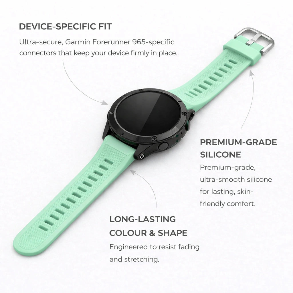 Mint Garmin Forerunner 965 wristband highlighting premium silicone and secure connectors