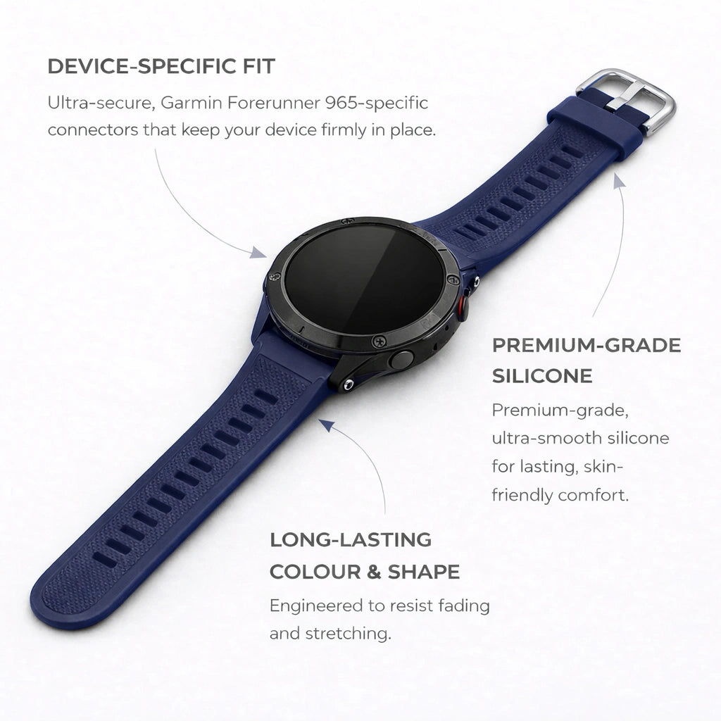Navy strap for Garmin Forerunner 965 highlighting premium silicone and device-specific fit