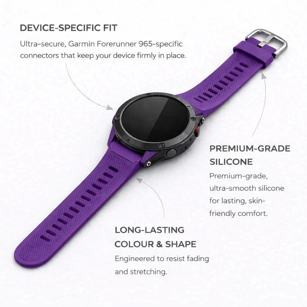 Purple strap for Garmin Forerunner 965 highlighting premium silicone and device-specific fit
