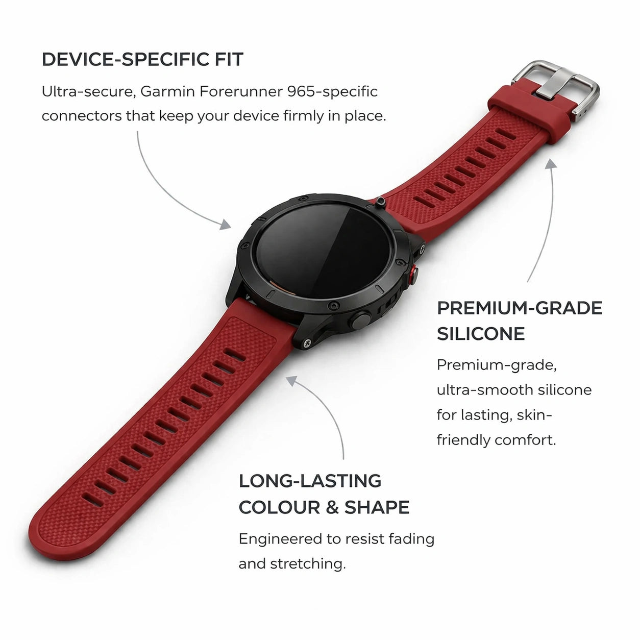 Red strap for Garmin Forerunner 965 highlighting premium silicone and secure connectors