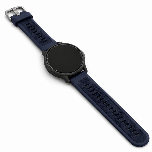 Navy Garmin Venu 3S replacement strap with textured silicone design and silver buckle.