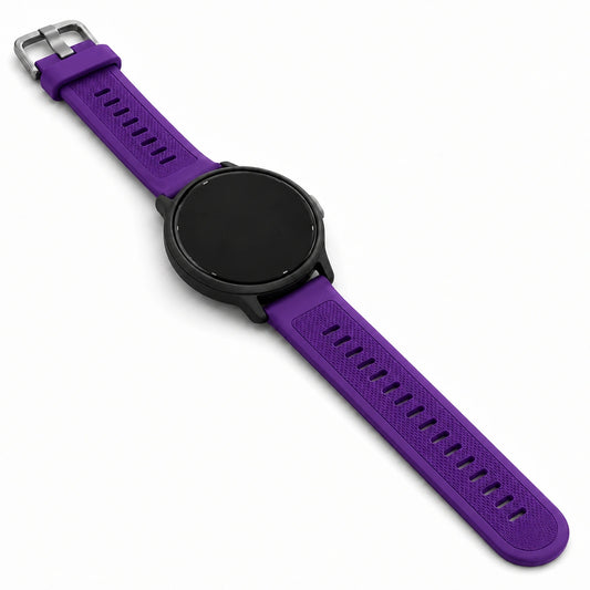 Dark purple Garmin Venu 3S replacement strap with textured silicone design and silver buckle.