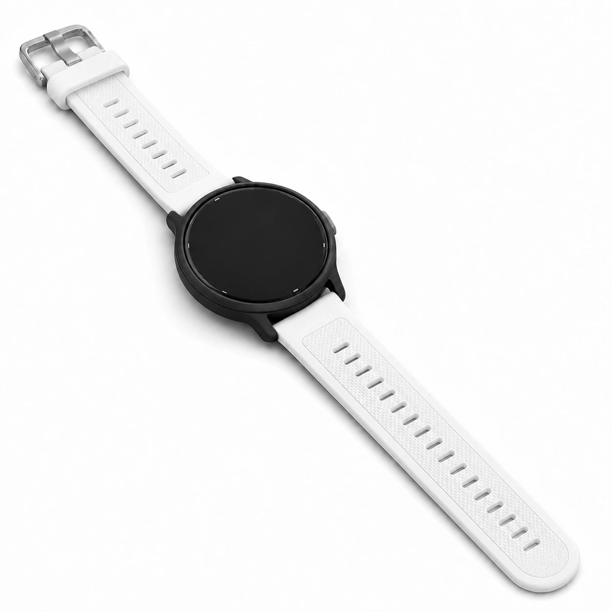 White Garmin Venu 3S replacement strap with textured silicone design and silver buckle.
