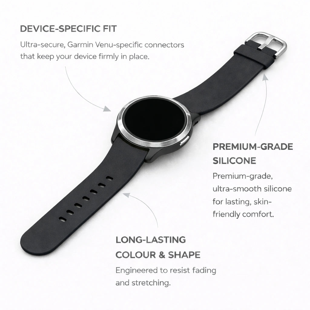 Black silicone watch strap for Garmin Venu with device-specific connectors and premium comfort
