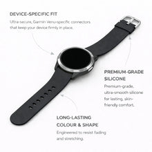Black silicone watch strap for Garmin Venu with device-specific connectors and premium comfort