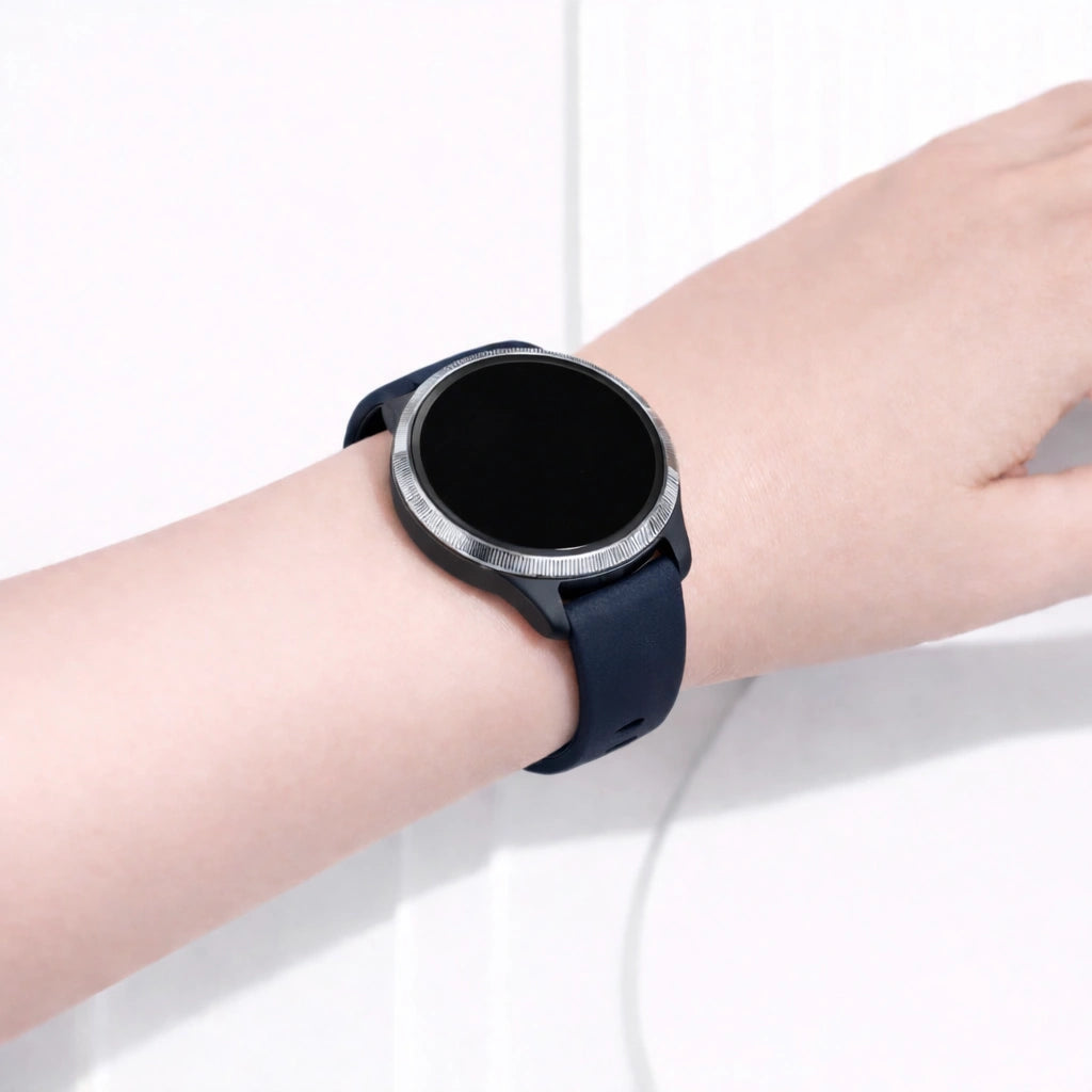 Garmin Venu fitness watch worn with a navy silicone sport band