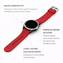 Red silicone watch strap for Garmin Venu with secure device-specific connectors
