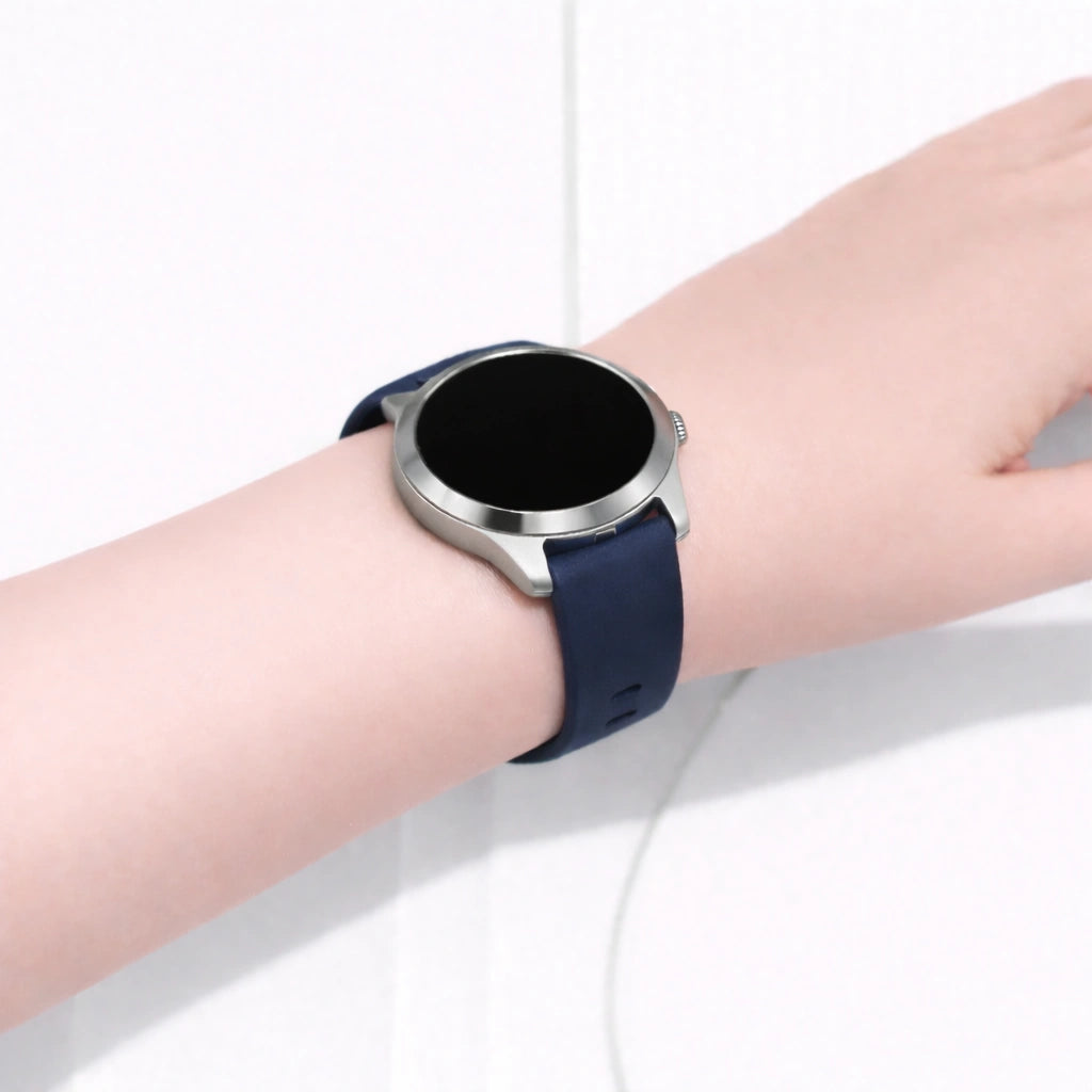 Garmin Vivoactive 4S smartwatch worn on the wrist with a navy blue silicone watch strap and silver case