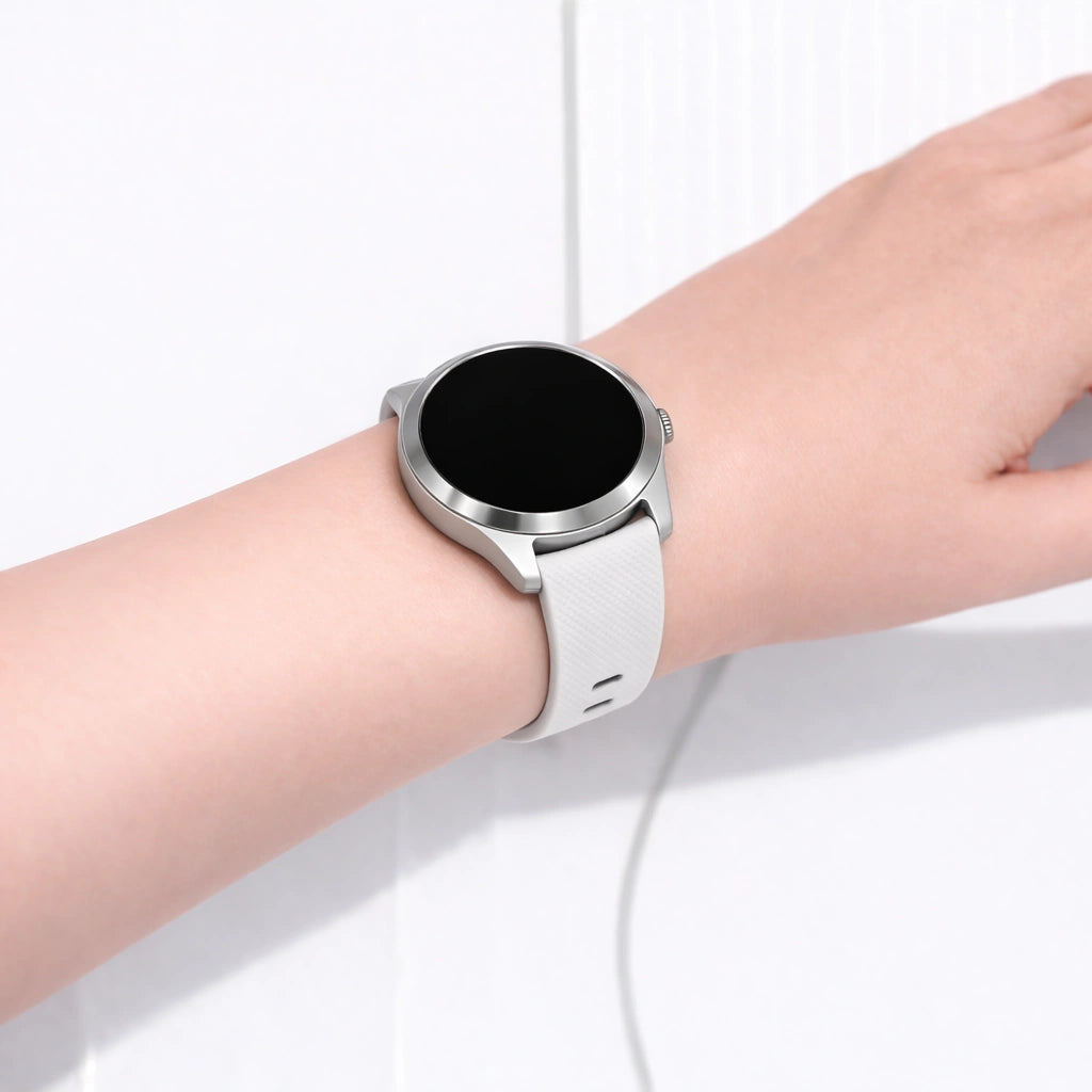 White silicone watch strap fitted to a Garmin Vivoactive 4S smartwatch