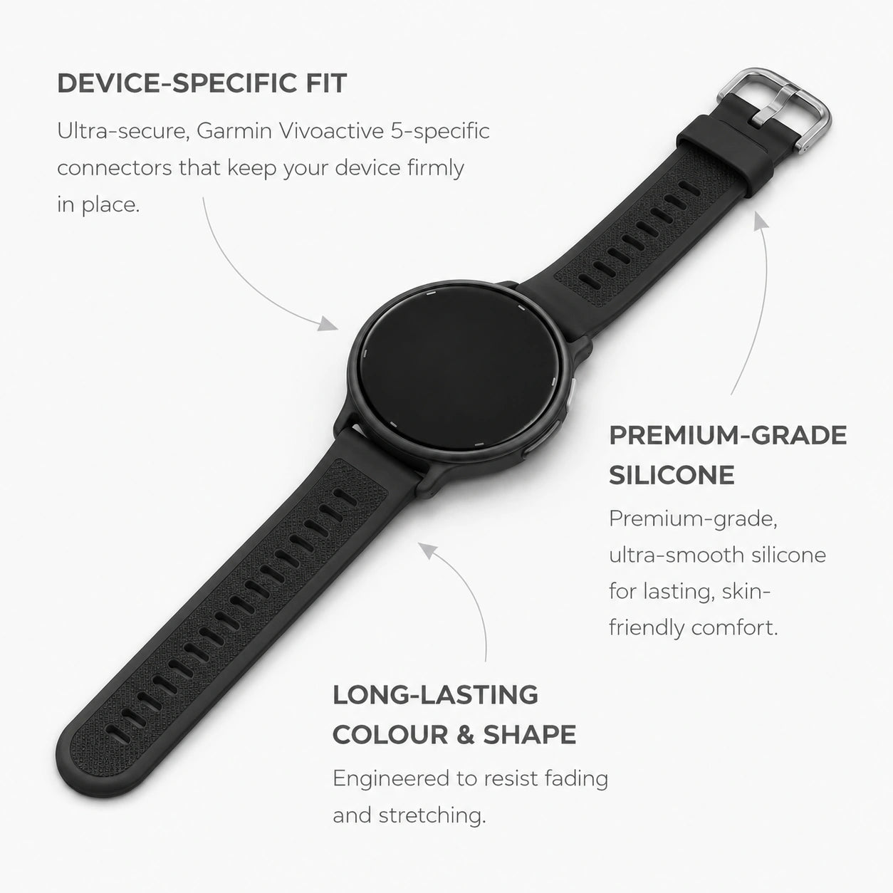 Black Garmin Vivoactive 5 silicone strap showing the device-specific fit and premium construction.