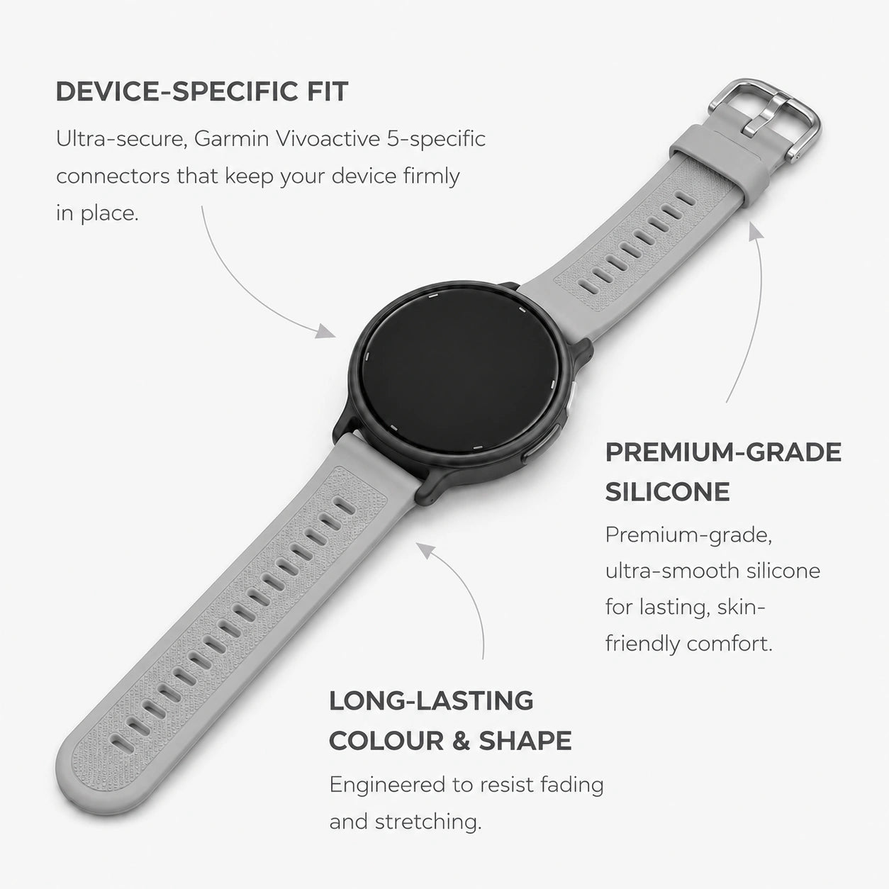Light grey Garmin Vivoactive 5 silicone wristband highlighting the device-specific fit and premium materials