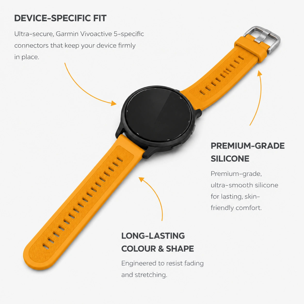 Orange Garmin Vivoactive 5 silicone wristband highlighting the device-specific fit and premium materials