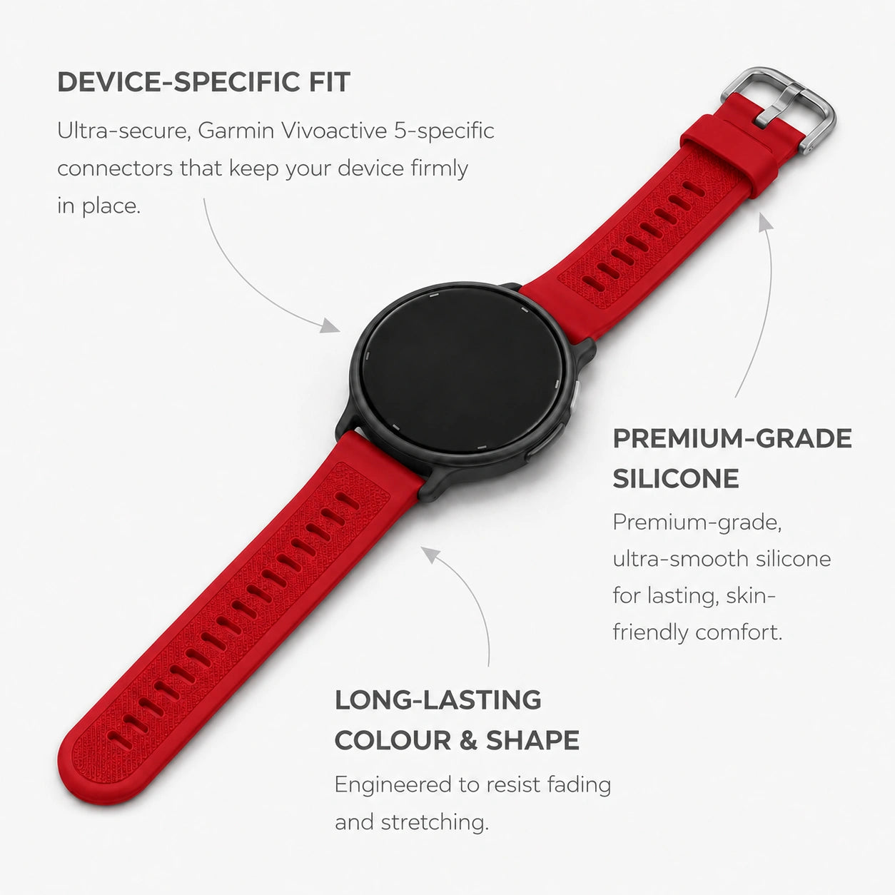 Red Garmin Vivoactive 5 silicone strap showing the device-specific fit and premium construction