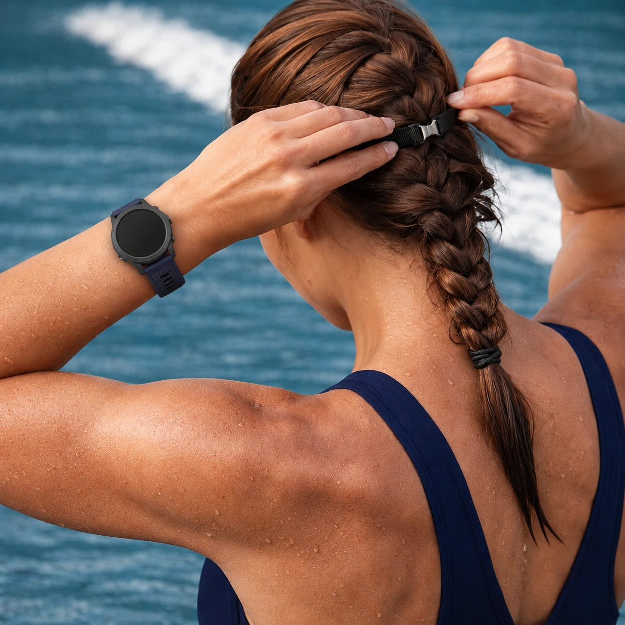 Navy Garmin Vivoactive 6 sports strap worn beside the sea after swimming