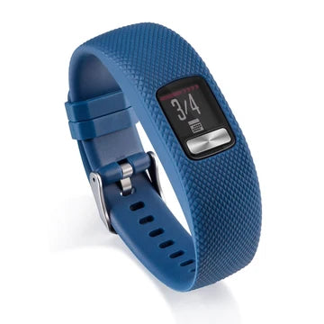 Navy blue Garmin Vivofit wristband with fitness tracker display and silver buckle, shown upright