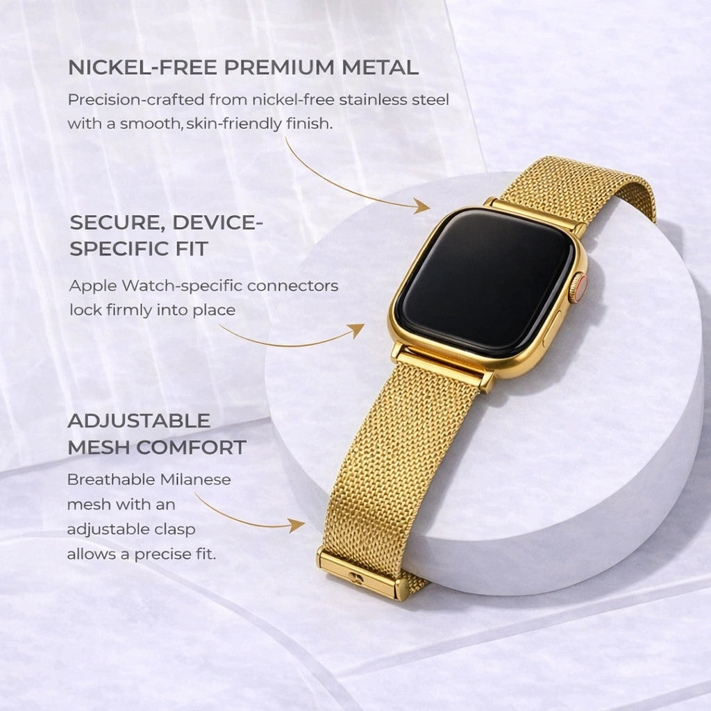 Gold metal watch strap for Apple Watch showing adjustable mesh comfort and secure fit