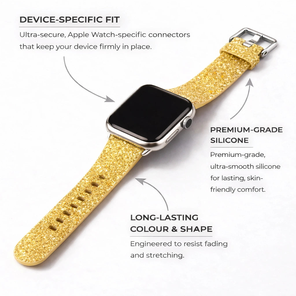 Gold sparkly Apple Watch strap in premium silicone with secure device-specific connectors