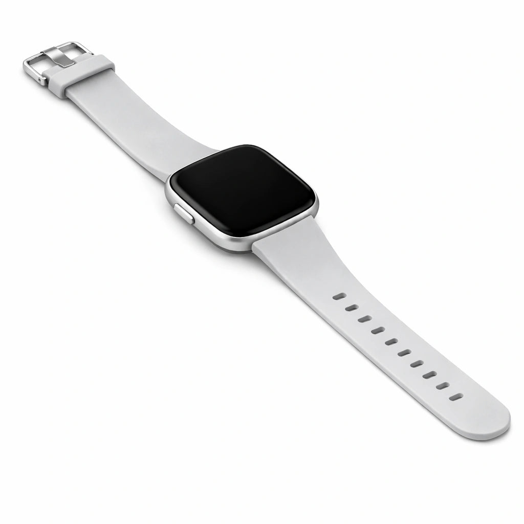 Grey silicone watch strap for Fitbit Versa 2 shown on a clean flatlay background