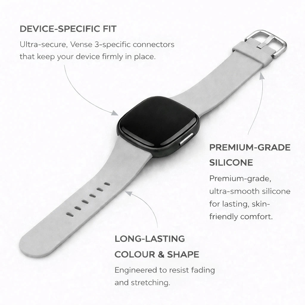 Grey silicone strap for Fitbit Versa 3 with device-specific connectors and premium smooth finish