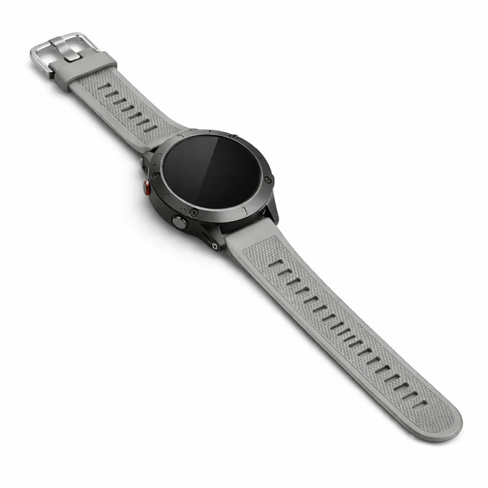 Grey Garmin Forerunner 265 silicone replacement watch strap with textured finish and stainless steel buckle