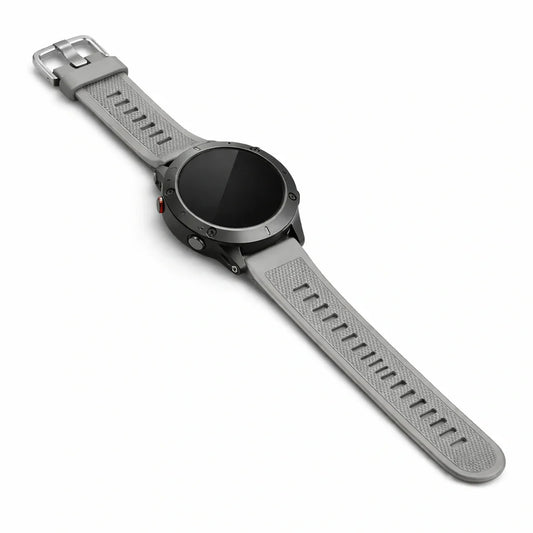 Grey Garmin Forerunner 265 silicone replacement watch strap with textured finish and stainless steel buckle