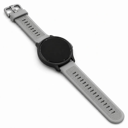 Grey Garmin Venu 3S replacement strap with textured silicone design and silver buckle.
