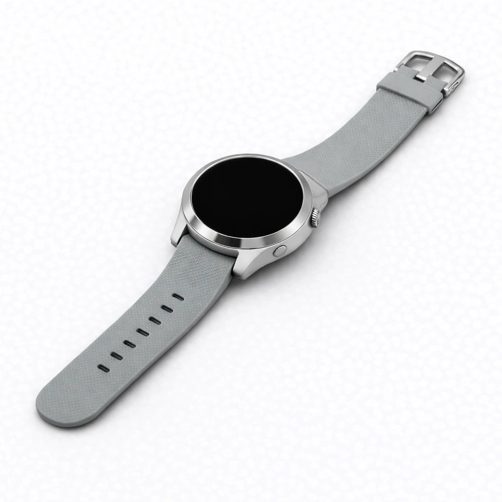 Grey silicone watch band for Garmin Vivoactive 4S shown in a flat lay product view with silver buckle