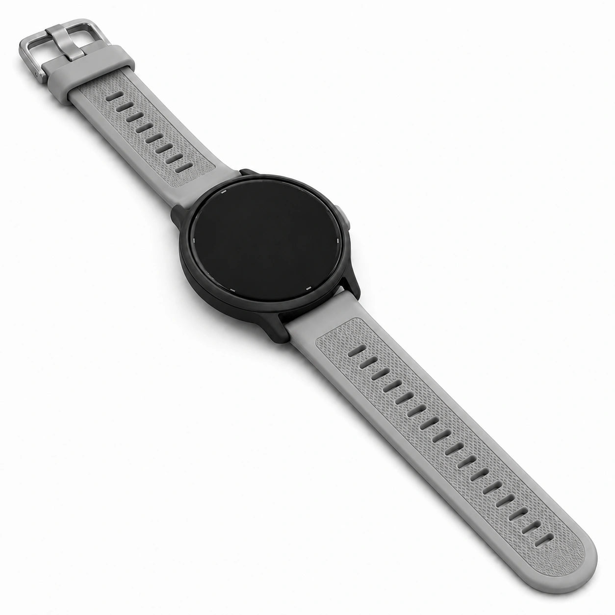 Garmin Vivoactive 5 watch with a light grey silicone watch band on a plain background