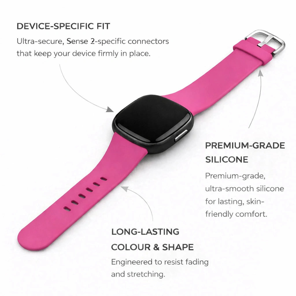 Hot pink silicone Fitbit Versa 3 strap with device-specific fit and premium-grade material