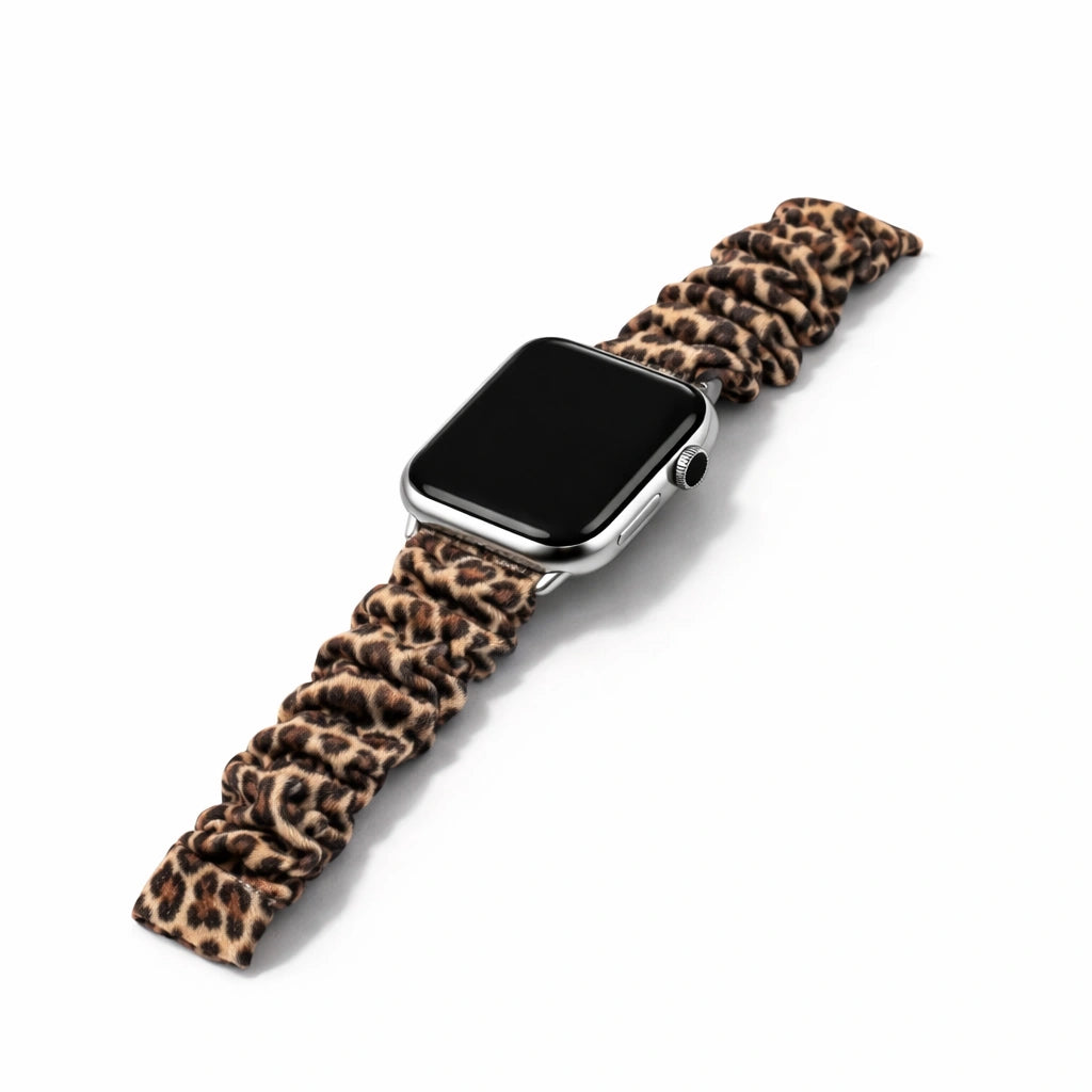 Leopard print scrunchie Apple Watch band with gathered fabric and stretch wristband style