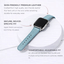 Light blue leather strap for Apple Watch highlighting skin-friendly leather and secure connectors.