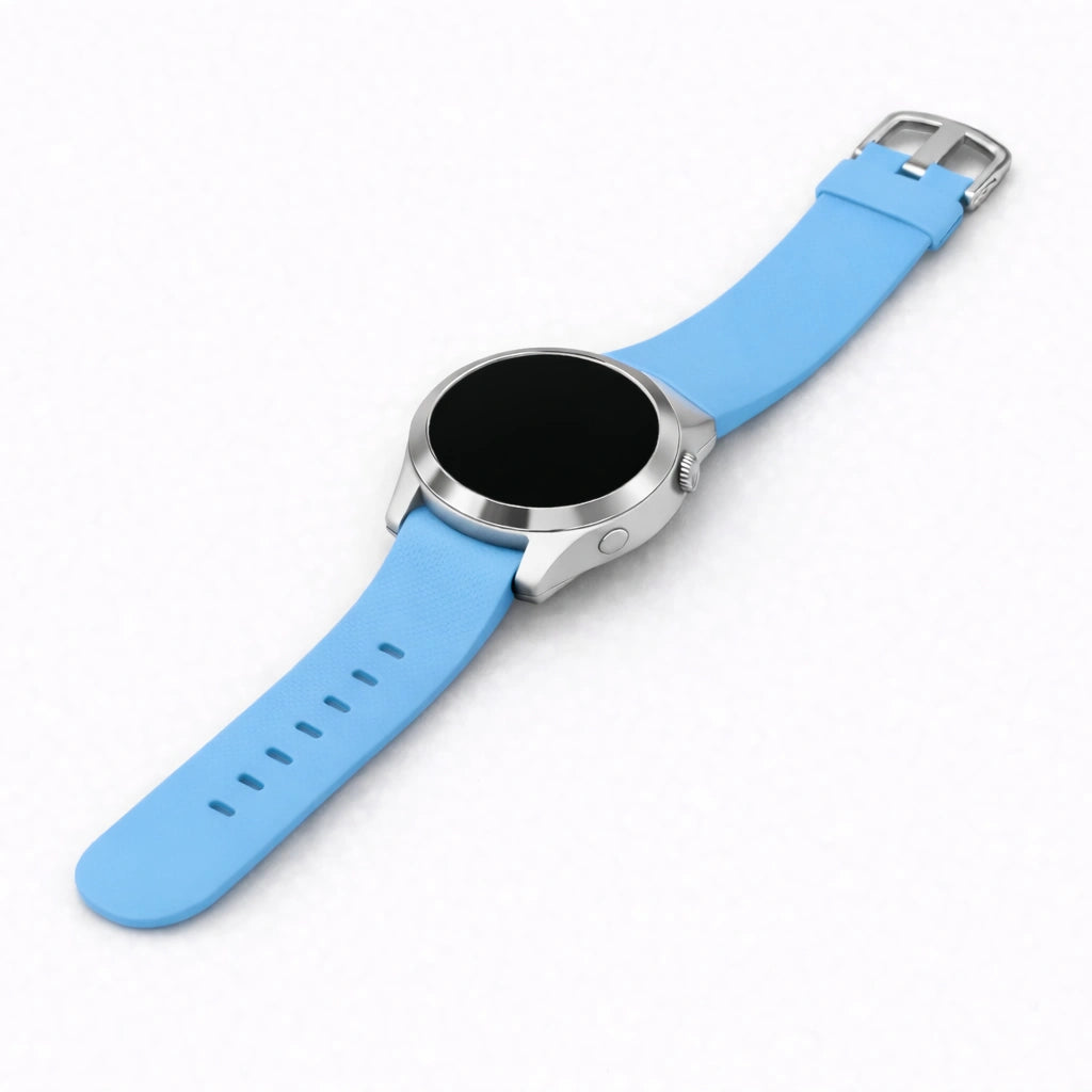 Light blue silicone watch band for Garmin Vivoactive 4S shown in a flat lay product image with silver buckle