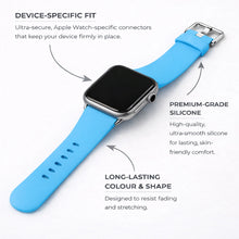 Light blue silicone Apple Watch strap showing device-specific connectors, premium-grade silicone material, and long-lasting colour and shape.