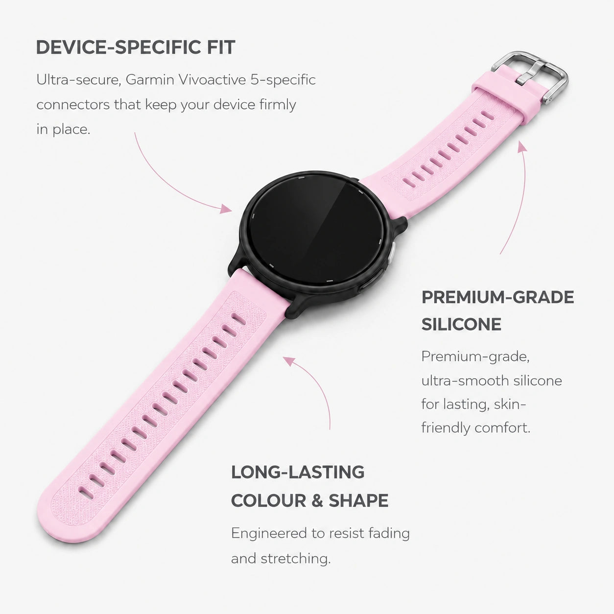 Light pink Garmin Vivoactive 5 silicone strap showing the device-specific fit and premium construction