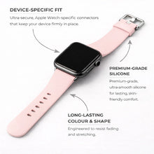 Light pink silicone Apple Watch strap showing device-specific connectors and premium smooth silicone material