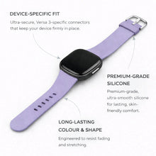 Light purple silicone strap for Fitbit Versa 3 showing device-specific fit and premium material